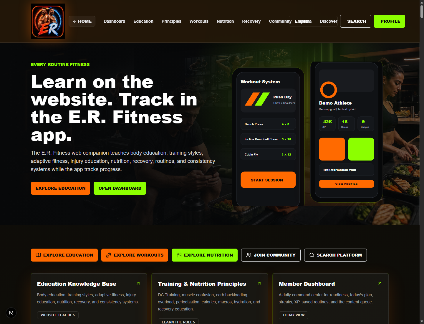 E.R. Fitness Platform desktop home page