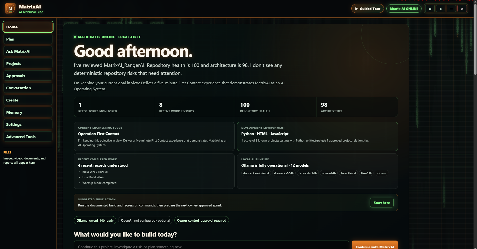 MatrixAI dashboard showing repository intelligence, engineering workspace, local AI integration, and project awareness